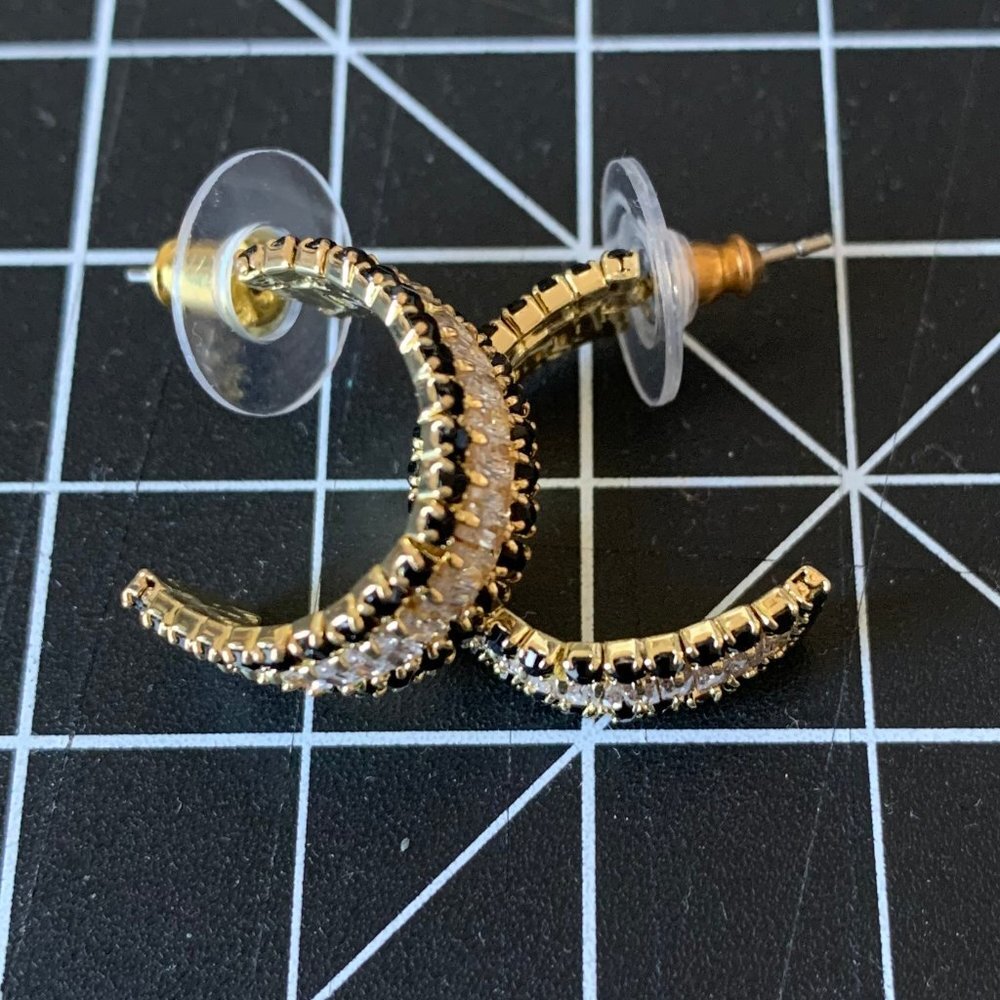 Goldtone Rhinestone Striped Earrings - Picture 2 of 5